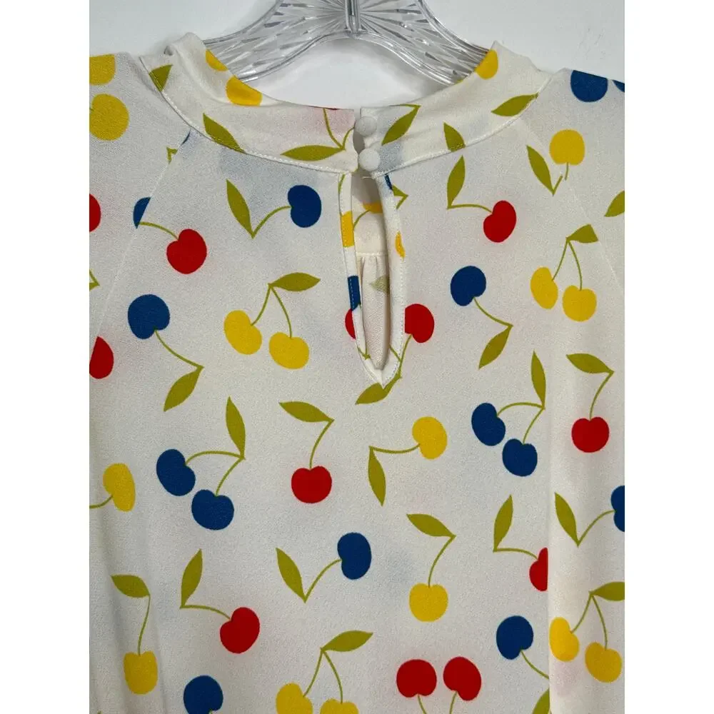 ModCloth Cherry Print retro swing Fit & Flare Dress mock neck & belt XL